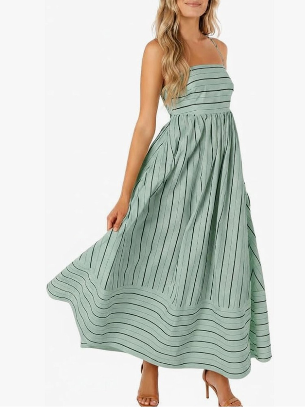 Sage Green Striped Maxi Dress with Spaghetti Straps